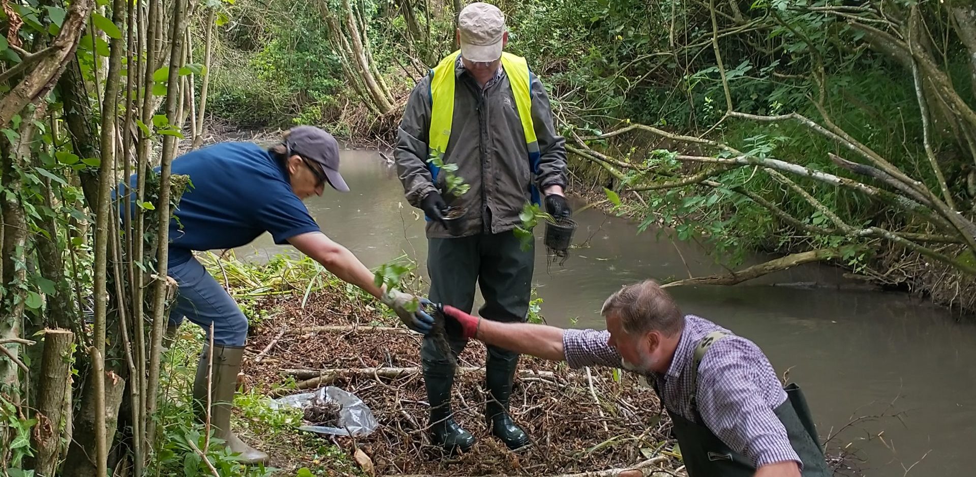 three people planting at the river edge three people planting at the river edge