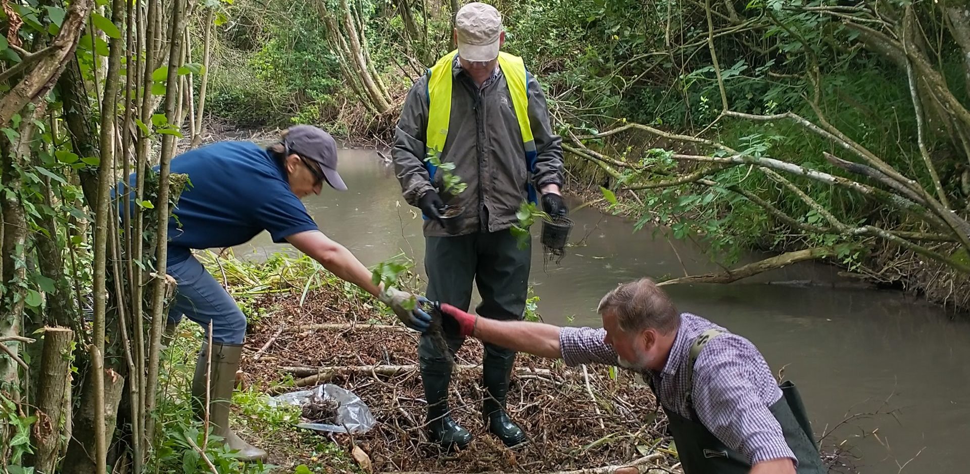 three people planting at the river edge