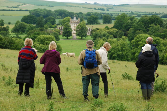 A group of six walkers are standing in a grassy field looking down on a unusual house set amongst leafy trees